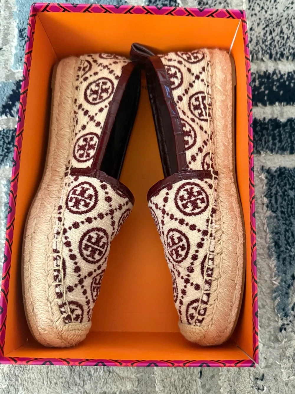 Tory Burch Cream Canvas Espadrilles with Burgundy Logo Pattern